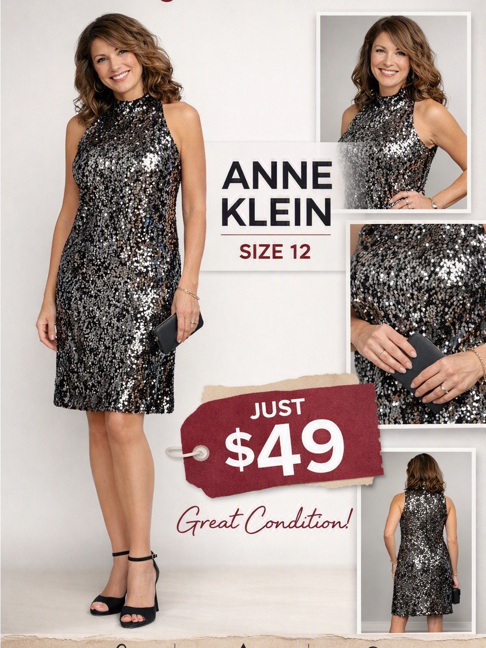 Anne Klein Silver-Black Sequin Halter Dress